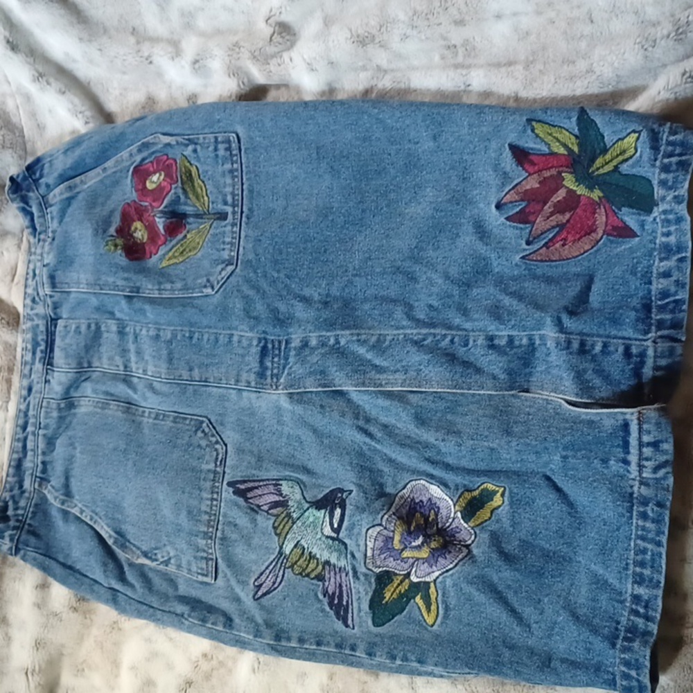 Honey Punch Embroidered Jean Skirt
